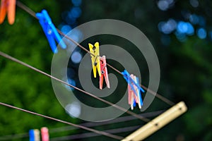 Colored clothespins for drying wet and washed clothes