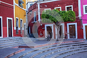 Colored colonial houses in old town of Guanajuato. Colorful alleys and narrow streets in Guanajuato city, Mexico. Spanish Colonial