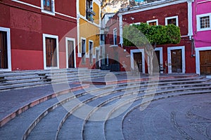 Colored colonial houses in old town of Guanajuato. Colorful alleys and narrow streets in Guanajuato city, Mexico. Spanish Colonial