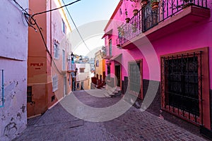 Colored colonial houses in old town of Guanajuato. Colorful alleys and narrow streets in Guanajuato city, Mexico. Spanish Colonial