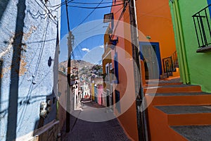 Colored colonial houses in old town of Guanajuato. Colorful alleys and narrow streets in Guanajuato city, Mexico. Spanish Colonial