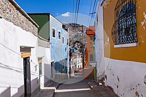 Colored colonial houses in old town of Guanajuato. Colorful alleys and narrow streets in Guanajuato city, Mexico. Spanish Colonial