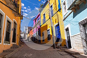 Colored colonial houses in old town of Guanajuato. Colorful alleys and narrow streets in Guanajuato city, Mexico. Spanish Colonial