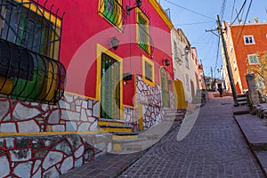 Colored colonial houses in old town of Guanajuato. Colorful alleys and narrow streets in Guanajuato city, Mexico. Spanish Colonial