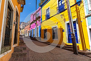 Colored colonial houses in old town of Guanajuato. Colorful alleys and narrow streets in Guanajuato city, Mexico. Spanish Colonial