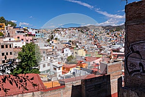 Colored colonial houses in old town of Guanajuato. Colorful alleys and narrow streets in Guanajuato city, Mexico. Spanish Colonial