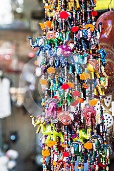 Colored colored necklaces displayed in a Greek shop