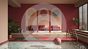 Colored contemporary living room with pool, pastel red colors, sofa, carpet, decors, steps and potted plants, copper pendant lamps