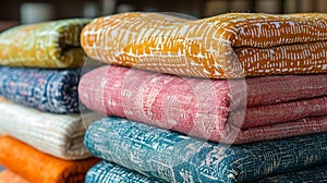 Colored cotton and linen fabrics stacked