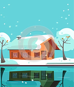 Colored country house on lake. Facade of building is reflected in mirror surface of water. Flat cartoon vector illustration of