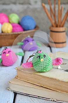 Colored crochet bird. Toy for babies or trinket.  Handmade gift. DIY crafts concept