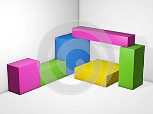 Colored cubes display. Multi box showcase store. Blocks stacked together 3D illustration