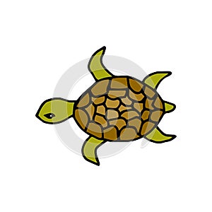 Colored cute cartoon turtle. Drawn by hand in doodl style. Coloring book for the children. Vector illustration