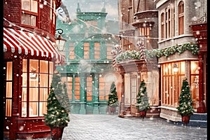 Colored cute Christmas street with toystores, anniversary backdrop,