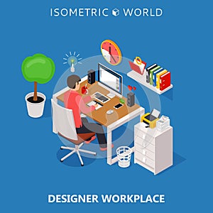 Colored 3d isometric freelance designer workplace vector concept illustration.