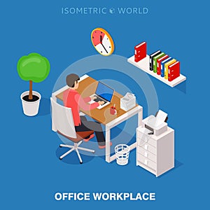 Colored 3d isometric office workplace vector concept illustration. Work table composition plus collection of isometric