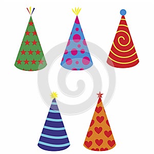 Colored an decorated birthday bonnets on a white background