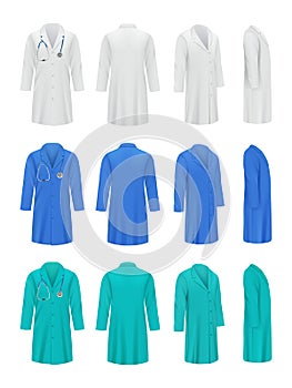 Colored doctor coats. Professional fashioned uniform for medical specialists workwear jacket nurse decent vector
