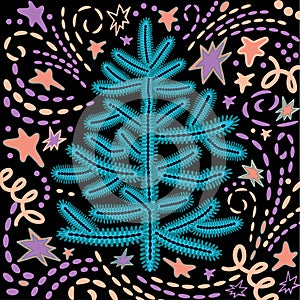 Colored doodle christmas tree on bright ornamental background.