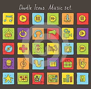Colored doodle icons. Music set