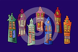 Colored doodle vector of funny houses in the Dutch style