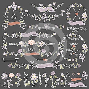 Colored Doodles floral decor set.Wreath,Borders