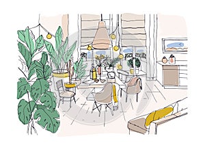 Colored drawing of cozy dining or living room furnished in modern Scandic hygge style with table, chairs, couch. Lounge