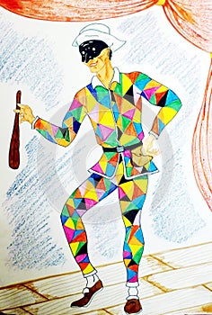 Colored drawing with felt-tip pens depicting Harlequin