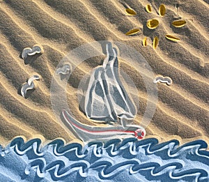 Colored drawing of sailboat on sand