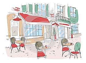 Colored drawing of summer sidewalk cafe, coffeehouse or restaurant with tables and chairs standing on city street beside