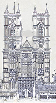 Colored drawing of the Westminster Abbey. Front view photo