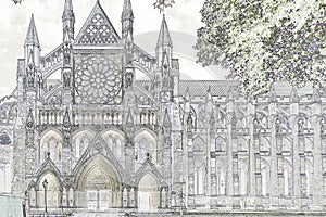 Colored drawing of the Westminster Abbey. Side view photo