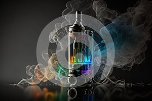Colored e-cigarettes for vaping and various fruits. The symbol of the vape device. E-cigarette. Store for vaping