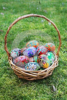 Colored easter eggs in basket