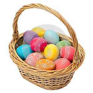 Colored Easter eggs basket isolated on white