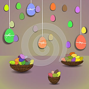 Colored Easter eggs and baskets