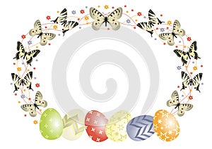 Colored Easter eggs.  Border of colorful butterflies