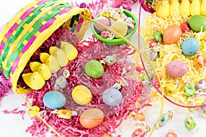 Colored Easter eggs, chicks, candy and basket