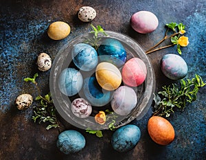 Colored Easter eggs on grunge background, top view
