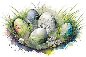 Colored easter eggs in grass, white background. Easter illustration. Generative AI