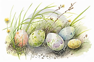 Colored easter eggs in grass, white background. Easter illustration. Generative AI