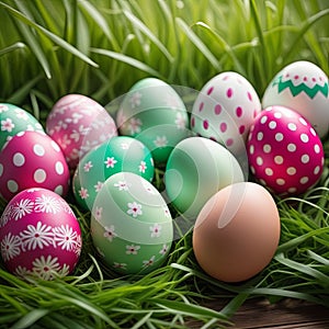 Colored Easter eggs on green grass.