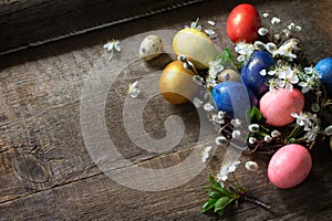 Colored Easter eggs in a nest with willow branches and spring flowers