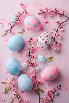 Colored Easter eggs with spring flowers on soft pink pastel background