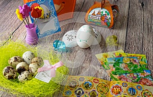 Colored Easter eggs table decoration with angel