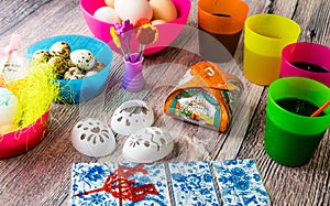 Colored Easter eggs table decoration