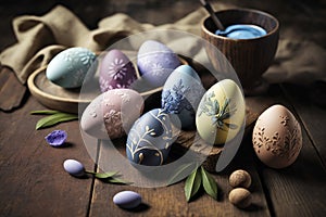 Colored Easter Eggs Wooden Table. Generative AI