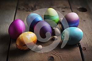 Colored Easter Eggs Wooden Table. Generative AI