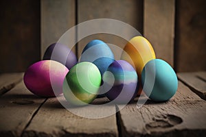 Colored Easter Eggs Wooden Table. Generative AI