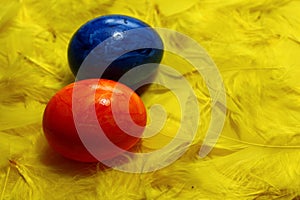 Colored eastereggs on yellow feathers